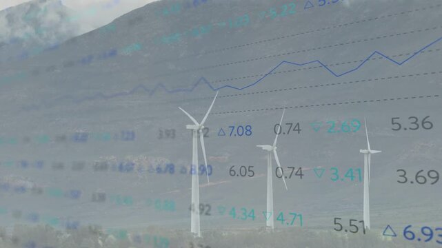 Gusting wind starting three turbines rotating while data overlay updating power metrics monitor