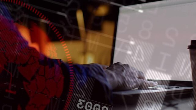 Vertical video: User pressing trackpad sliding finger on keys for work activating tech HUD on hands