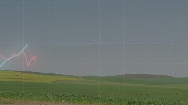 Fields under grid, neon graphs starting frame three over land, tracing peaks and showing farm data