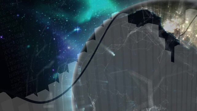 Curved arrowhead line sweeping from left, planet rotating while bars shifting, revealing data flows