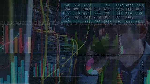Realtime charts updating, tech holding phone to ear and inspecting yellow cables, fixing networks