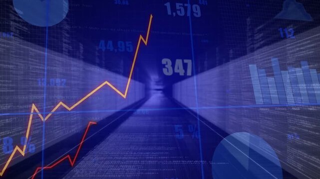 Orange line rising from left sparking tunnel glow charts shaping and updating showing market trends