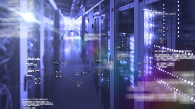 Data center racks responding to diagnostic ping, showing code overlays, readouts, network graph