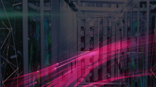 Vertical video: Server racks aisle, magenta trails coming from left growing, showing network flow
