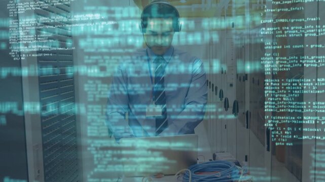 Network tech answering phone, typing on laptop amid server racks, code overlay guiding cable fix