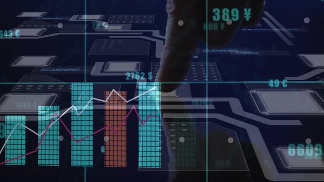 Analyst hand pressing targets on transparent UI, filling stacked bars and revealing finance trend