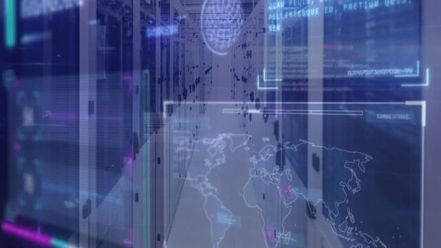 Vertical video: Server rack moving, HUD overlaying animated map after network scan for monitoring