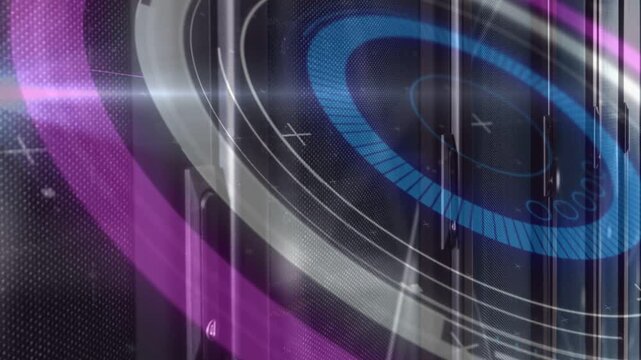 Futuristic metallic dial rotating with blue ring and magenta arc sweeping across dark mesh panel