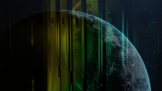 Scan overlay initiating, vertical panels sliding right and revealing cratered planet for tech demo