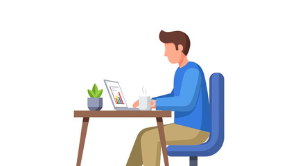 Fototapeta premium Young man working on a laptop at a desk with a plant and charts on the screen, illustrating business or productivity