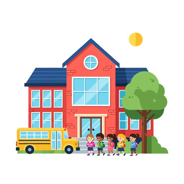 Back to School Diverse Group of Children Boarding a Yellow School Bus in Front of a Red Brick School Building