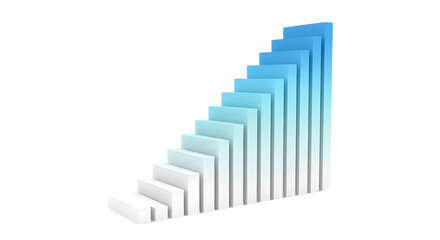 Obraz premium A 3D bar chart with a gradient of blue and white bars on a , showing a steady increase in growth or progress. upward graph
