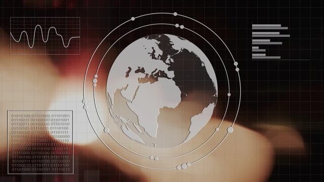 Warm flare showing left starting globe rotating, rings, nodes forming, HUD charts filling for tech