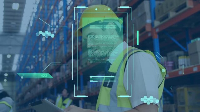 Warehouse worker is scanning racks with tablet HUD, wearing yellow hard hat and vest, flat design