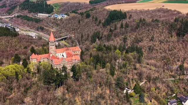 A panoramic Aerial view of the city and castle  Clervaux in Luxembourg, on a sunny spring noon