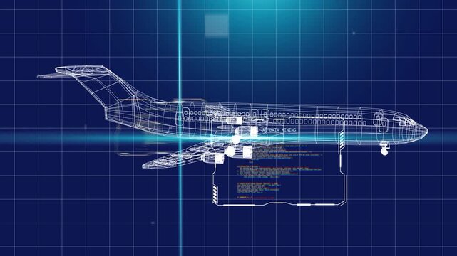 Wireframe jet rotating, camera moving, revealing HUD panels, crosshair grid streaks for diagnostics