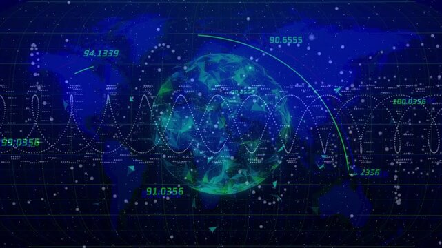 Central glowing globe pulsing while live data updating waveform, numeric tags, sweeping data arcs
