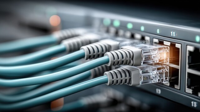 Close-up of blue network cables plugged into a server rack with glowing ports