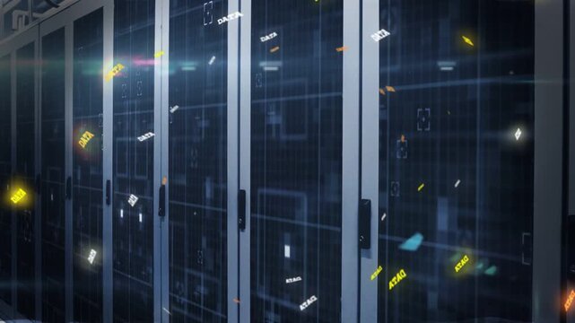 Glass server racks showing rising data flow in data center, network activity spawning DATA tokens