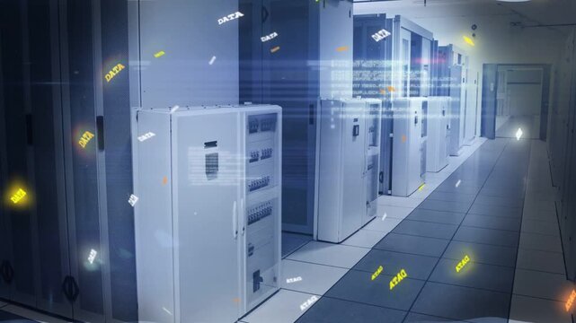 Server racks lining datacenter aisle receiving data, spawning glowing tokens showing network flow