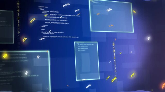 Data tokens and panels forming vortex after binary streams aligning, showing tech data convergence