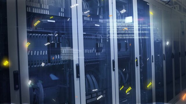 Server racks lining server room, camera panning causing glowing labels showing network traffic