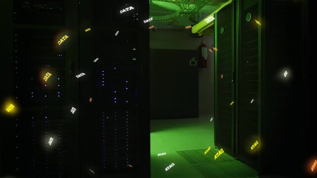 Datacenter racks still while incoming data entering edges, forming swirling DATA bits showing flow
