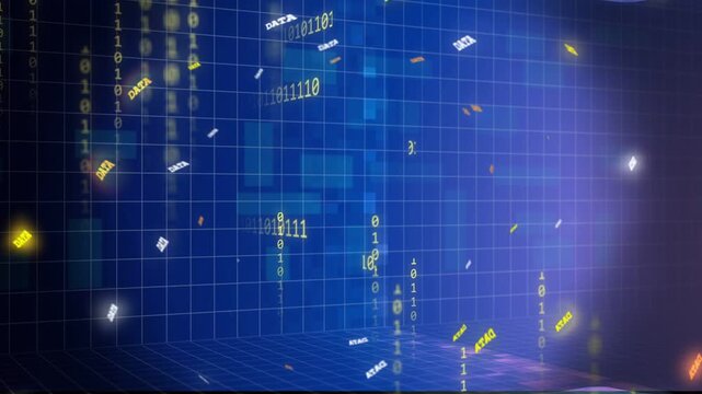Vertical video: Floating DATA tokens binary streams drifting inward forming orbiting ring in grid
