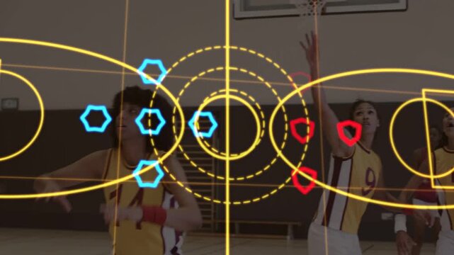 Guard #14 guarding handler driving left court, overlaying rings heatmap, blocking shot for coaching