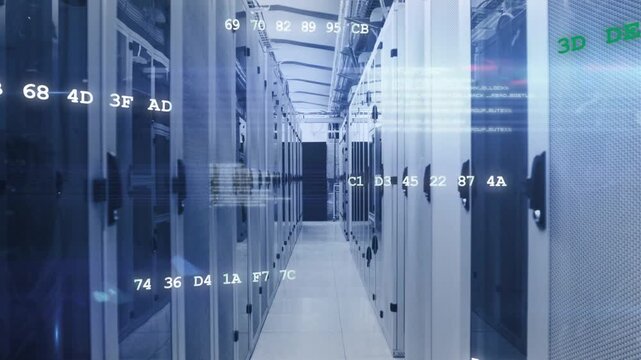 Vertical video: Server-rack aisle moving forward blue-lit while overlays increasing with data flow