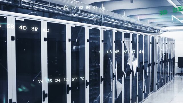 Server racks are being shown in 3D render data center, with animated code overlays