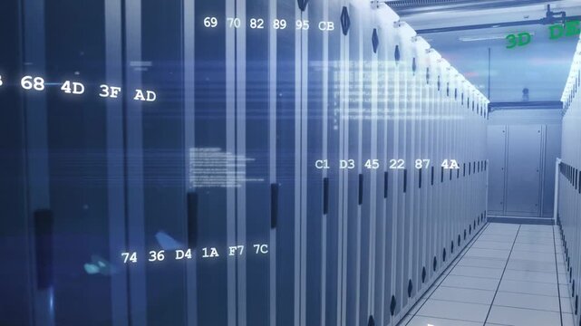Camera moving down server aisle, racks receding, hex codes drifting and visualizing data flow