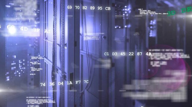 Frame one opening sending green and white hex overlays across data center rack, showing data flow