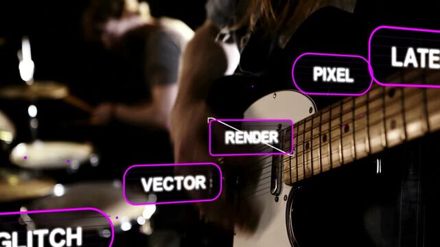 Guitarist playing neck causing purple tags on guitar as drummer rising hitting cymbal for music ad