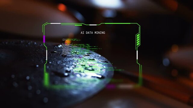 Curved metal utensil head receiving green AI DATA MINING HUD, code scrolling and revealing droplets