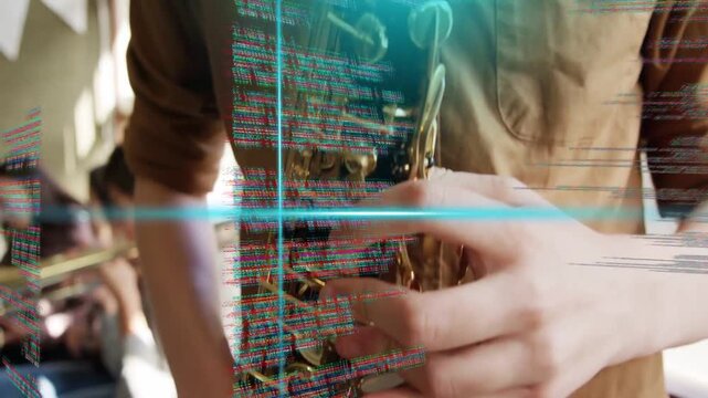 Vertical video: Teen sax playing in music class, camera pull sparking blue code overlay across keys