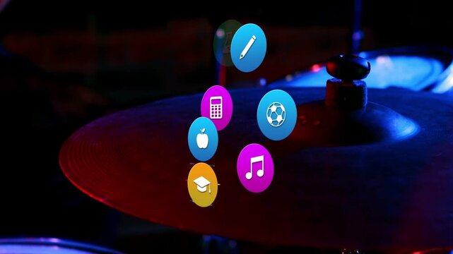 Vertical video: Drummer tapping yellow dot on cymbal leading icons stacking book landing for music