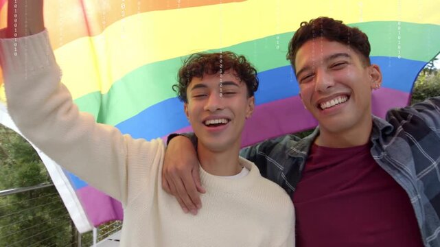 Two men are posing on balcony in flat design, holding rainbow flag, with binary overlay