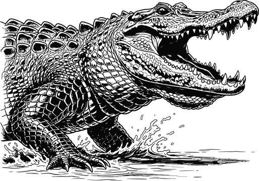 Illustration of an alligator emerging from water with mouth open water splash alligator crocodile wildlife