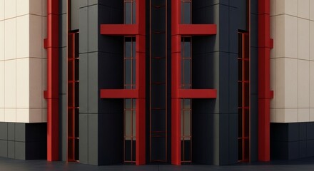 Obraz premium Modern Architecture Facade With Red Geometric Accents And Glass Windows