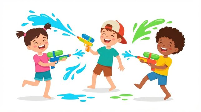 Three Children Playing With Water Guns Outdoors.