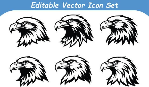 Set of eagle head icons with wildlife predator silhouette illustration