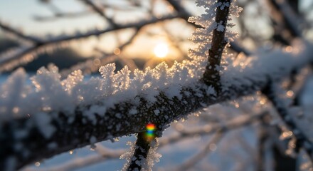 Obraz premium A frosty tree branch glistens in the morning sunlight with a rainbow reflection