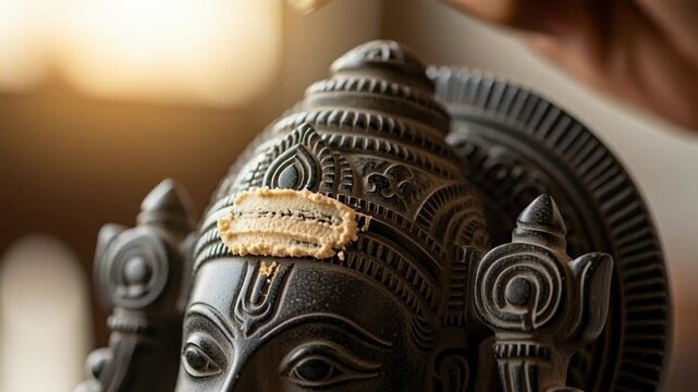 Close-up of a Hand Carving Intricate Designs on a Traditional Wooden Hindu Goddess Statue During Varaha Jayanti Celebration