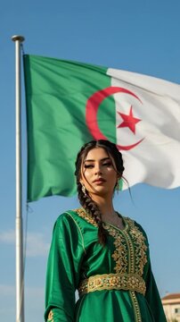 Young woman in green traditional Algerian dress with flag for national pride celebration