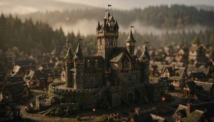 Obraz premium Cinematic medium shot of a miniature fantasy castle sharply in focus the surrounding blurred village and forests creating an epic largescale mythical environment effect.