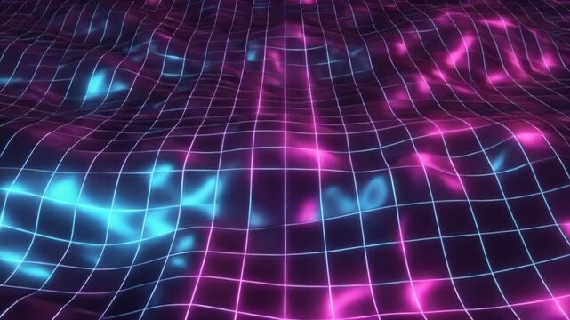 Neon-lit grid pattern with pink and blue lights on a dark background