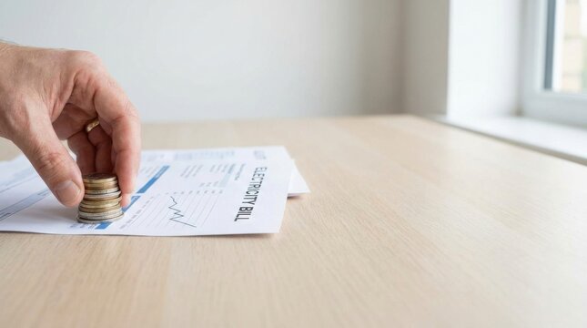Individual placing coin into stack of paper symbolizing rising energy costs and financial implications of energy use
