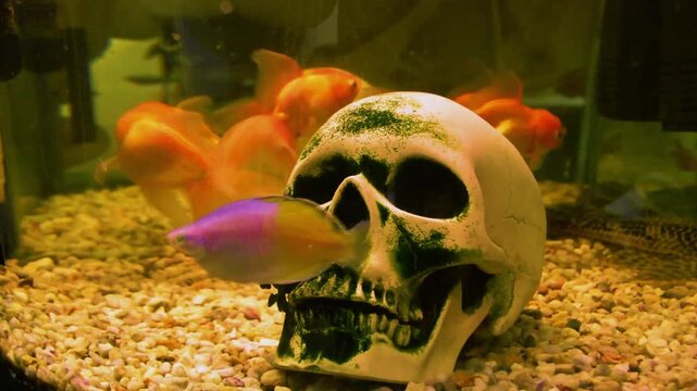 pecera con calavera y peces