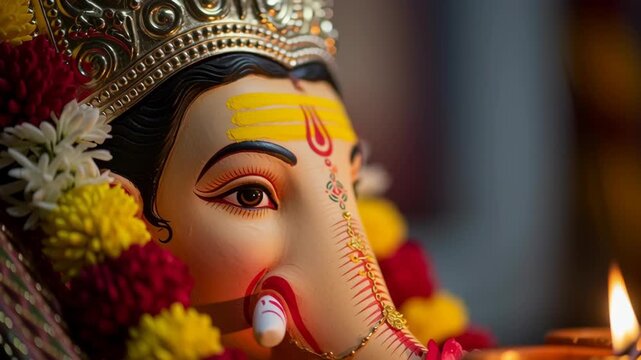 Close-Up of Lord Ganesha Idol for Varaha Jayanti Celebration with Flowers and Traditional Decorations